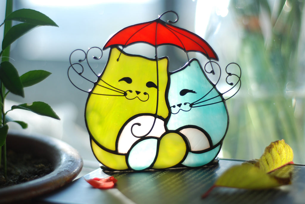 Stained Glass Cats Under Umbrella – Whimsical Candle Holder, Cat Lover Gift
