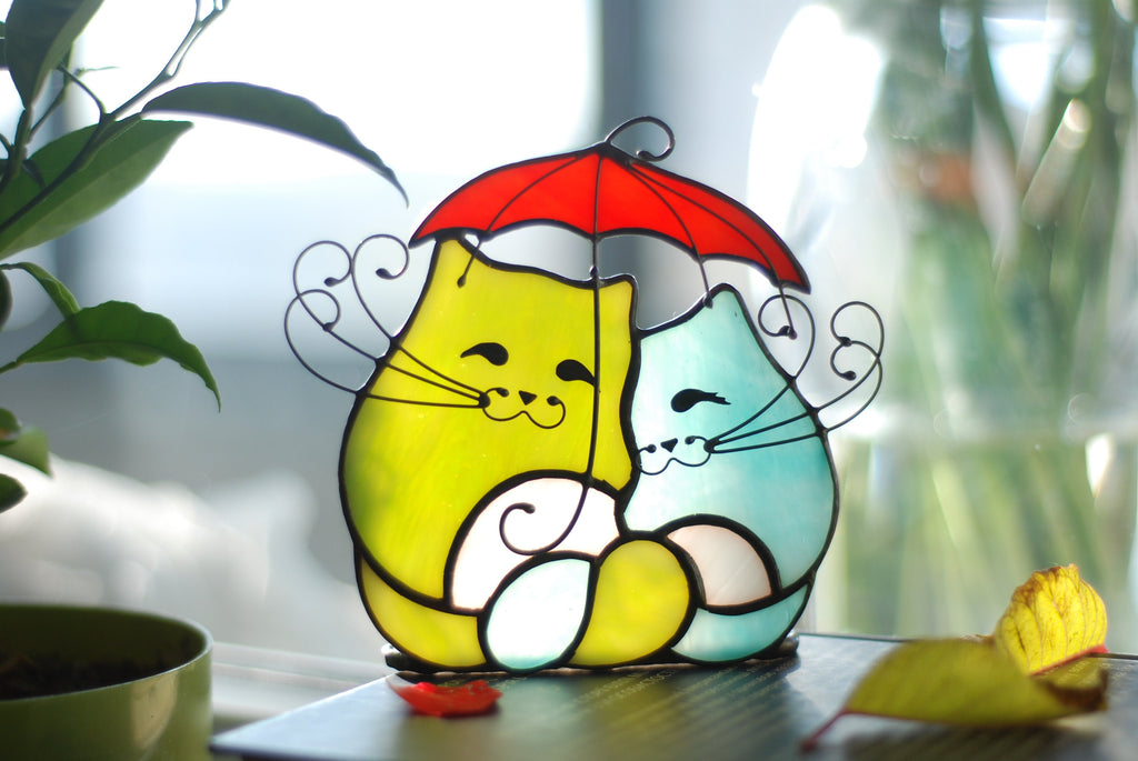Stained Glass Cats Under Umbrella – Whimsical Candle Holder, Cat Lover Gift