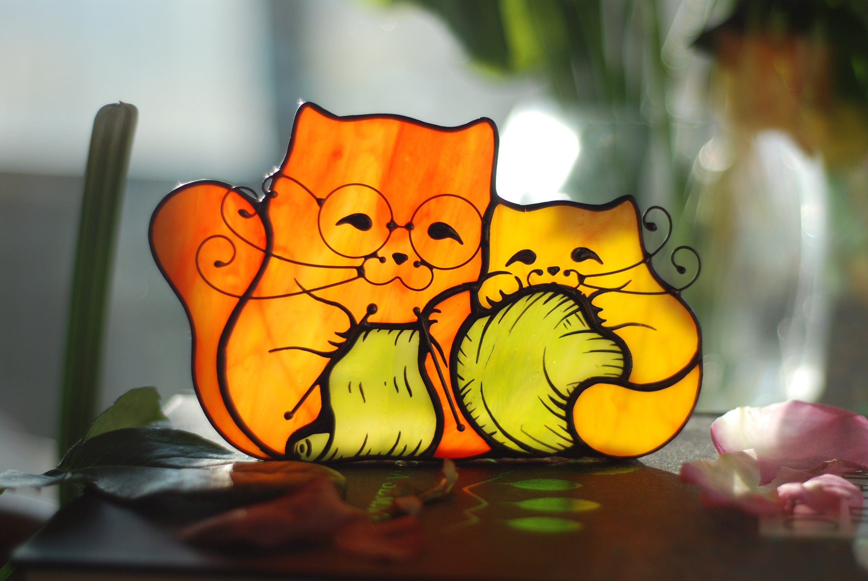 Stained Glass Cats Candle Holder – Whimsical Table Decor, Cat Lover Gift