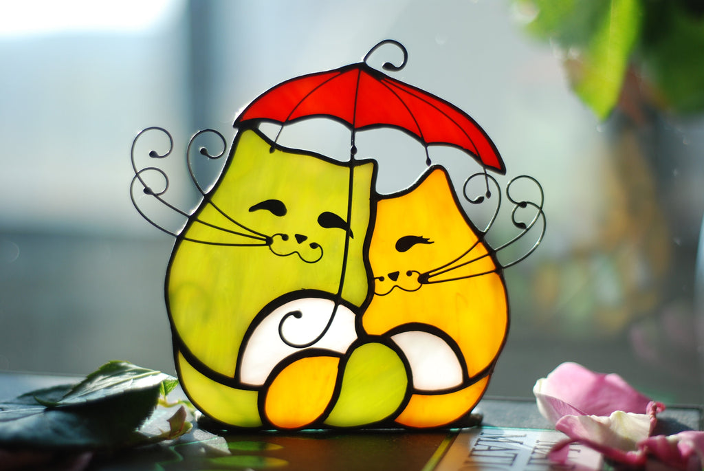 Stained Glass Cats Under Umbrella – Whimsical Candle Holder, Cat Lover Gift