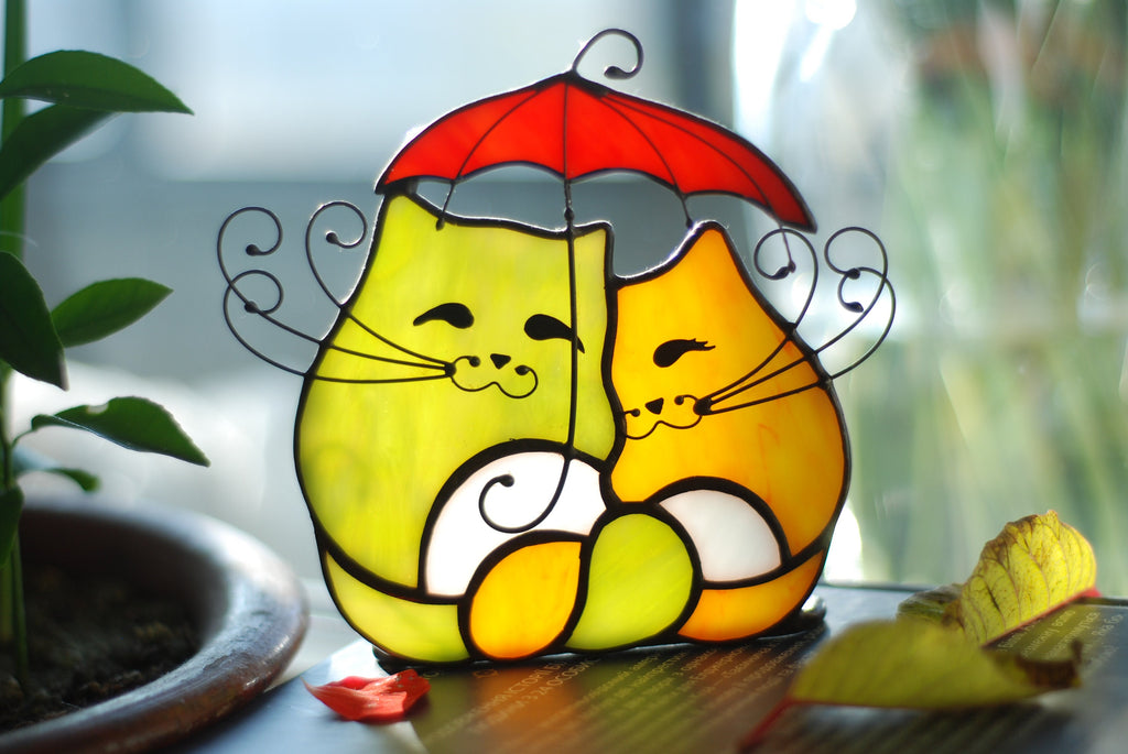 Stained Glass Cats Under Umbrella – Whimsical Candle Holder, Cat Lover Gift