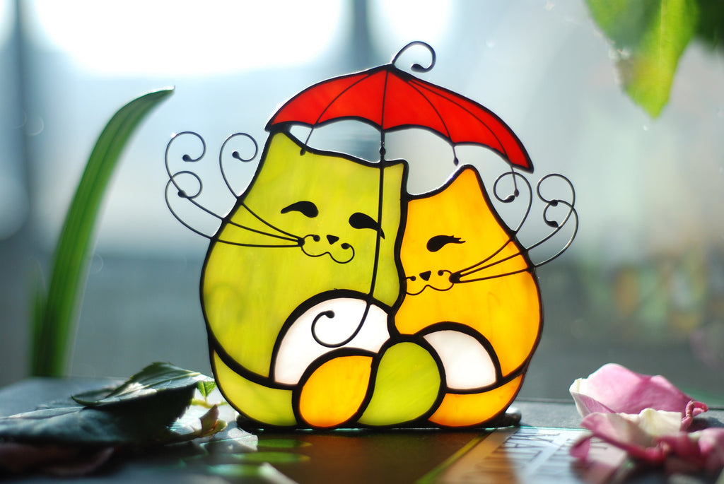Stained Glass Cats Under Umbrella – Whimsical Candle Holder, Cat Lover Gift