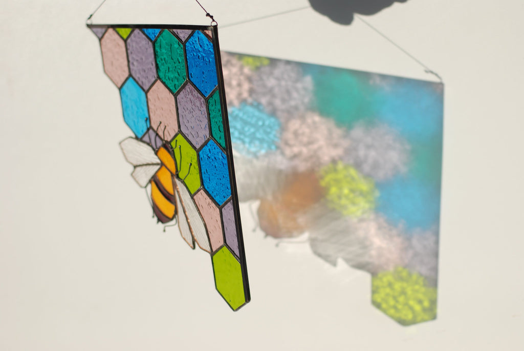 Stained Glass Bee Suncatcher: Handmade Honeycomb Window Art
