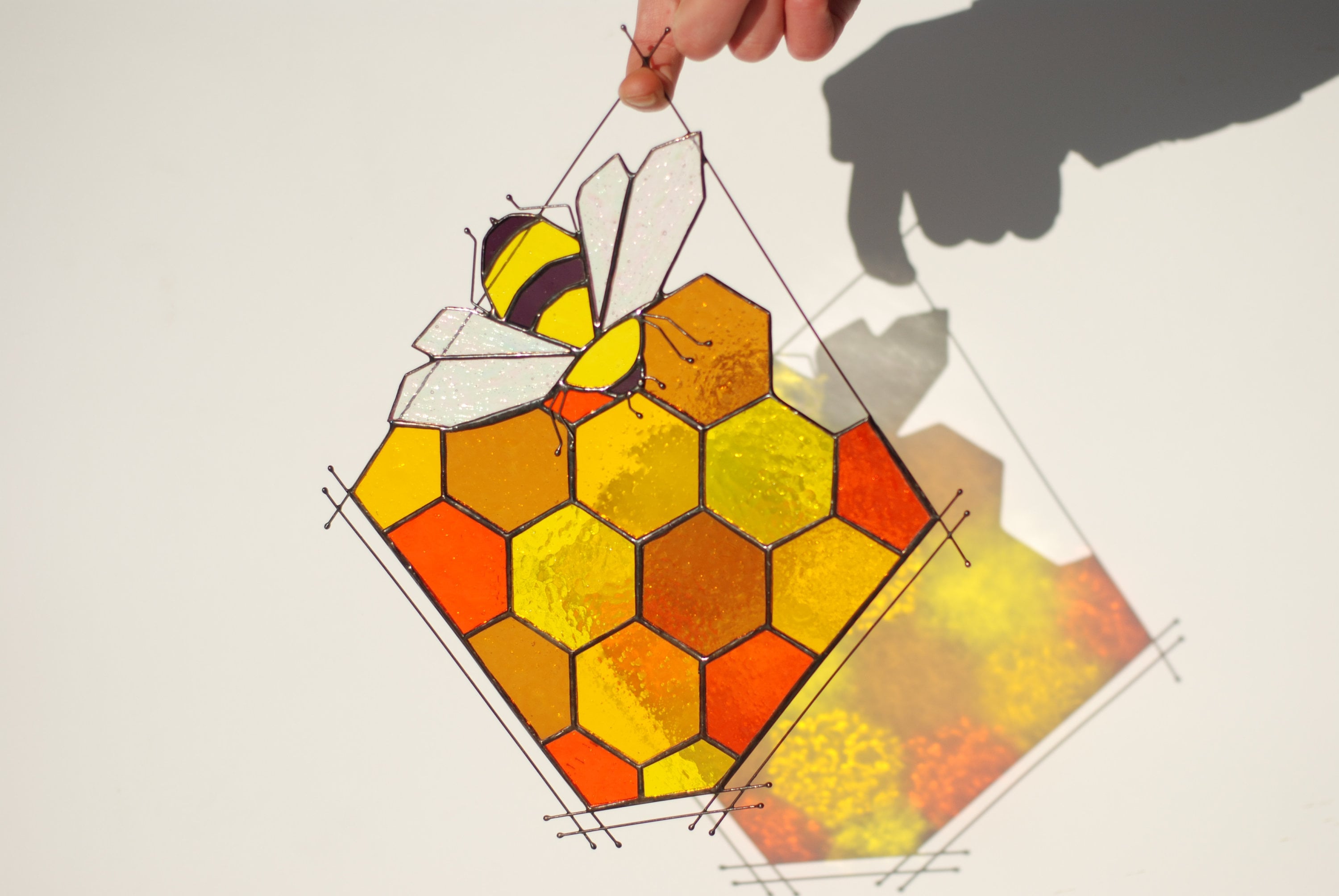 Stained Glass Bee Honeycomb Yellow Suncatcher 11x13 in. Home House Decor Panel Spring Window Wall Hanging Corner Easter Gift for Mom