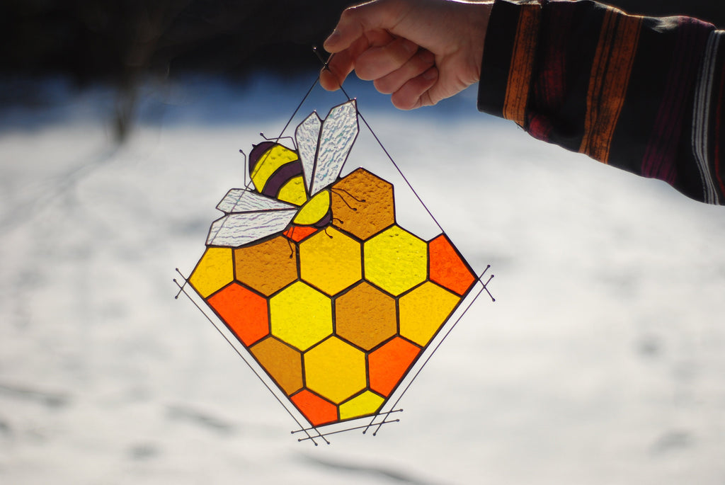 Stained Glass Bee Honeycomb Yellow Suncatcher 11x13 in. Home House Decor Panel Spring Window Wall Hanging Corner Easter Gift for Mom