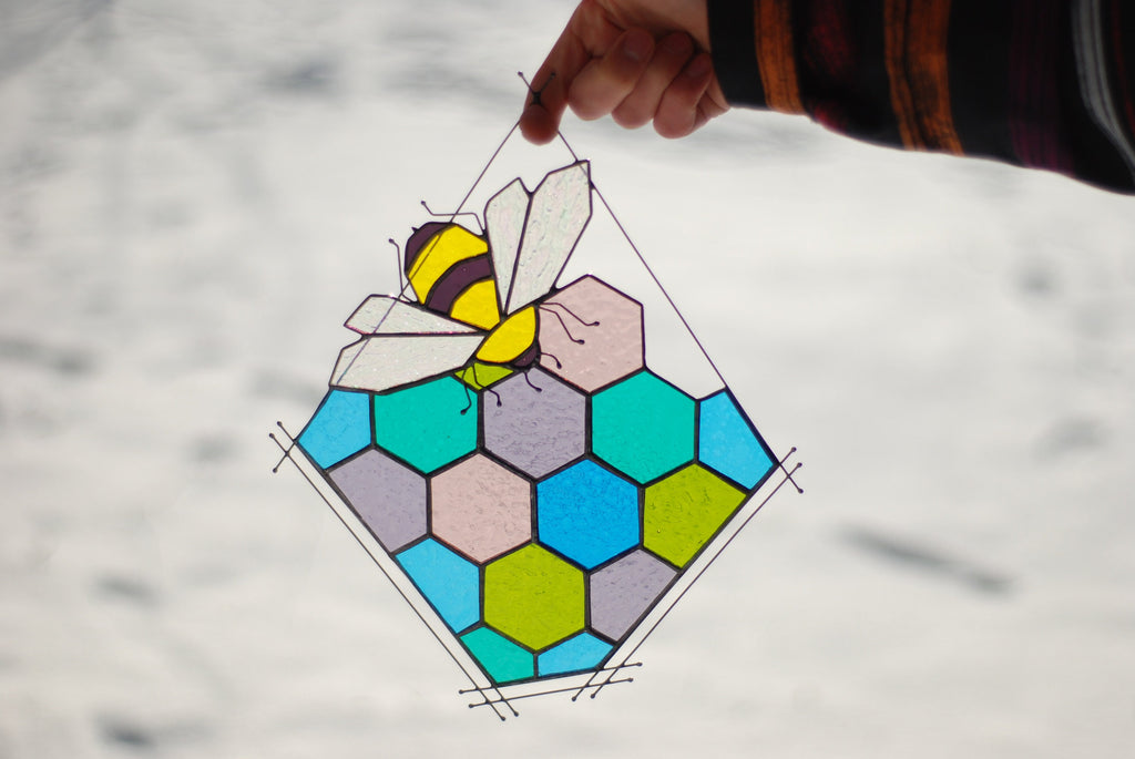 Stained Glass Bee Honeycomb Suncatcher 11x13 in. Home House Decor Panel Spring Window Wall Hanging Corner, Personalized Gift for Mom