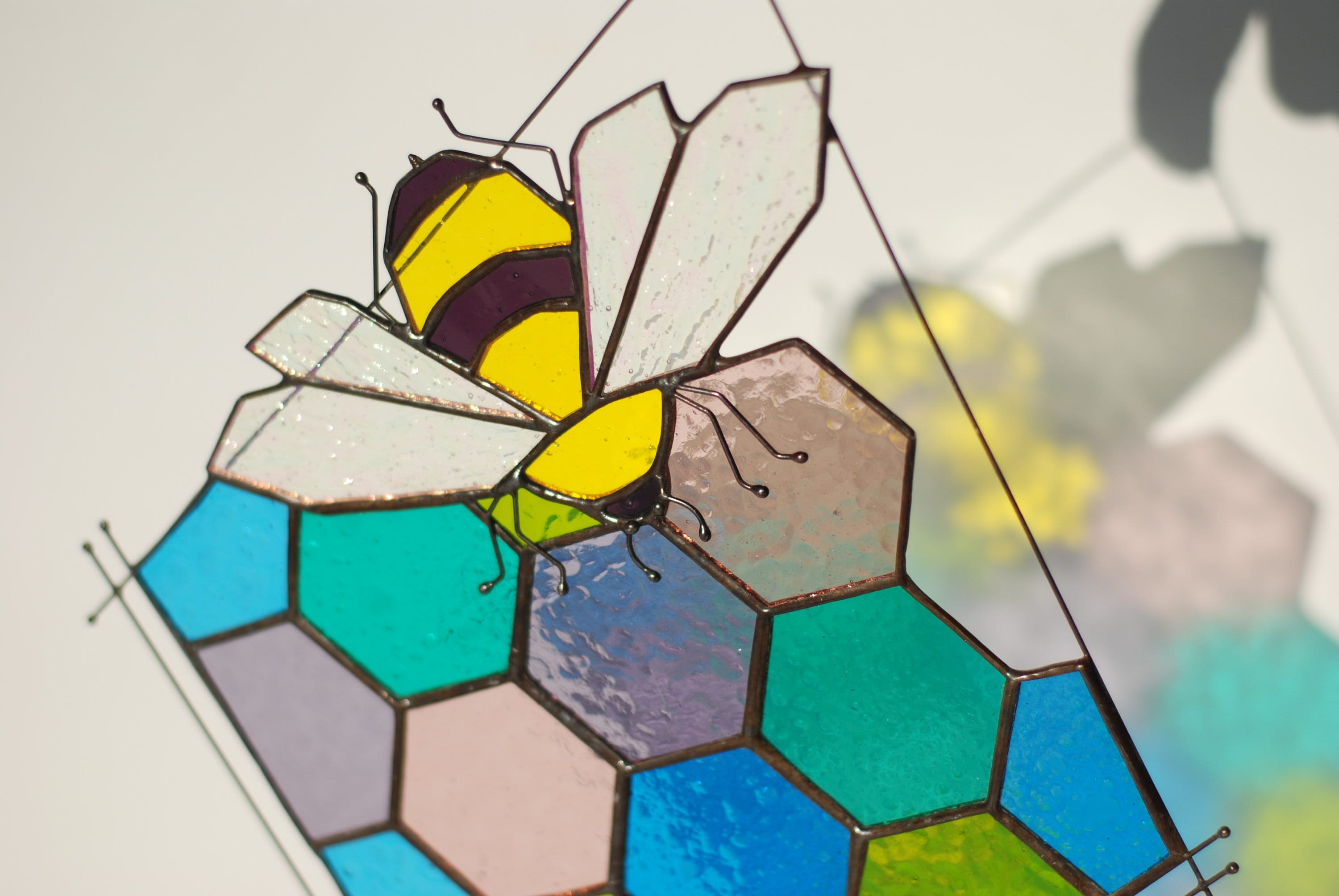 Stained Glass Bee Honeycomb Suncatcher 11x13 in. Home House Decor Panel Spring Window Wall Hanging Corner, Personalized Gift for Mom