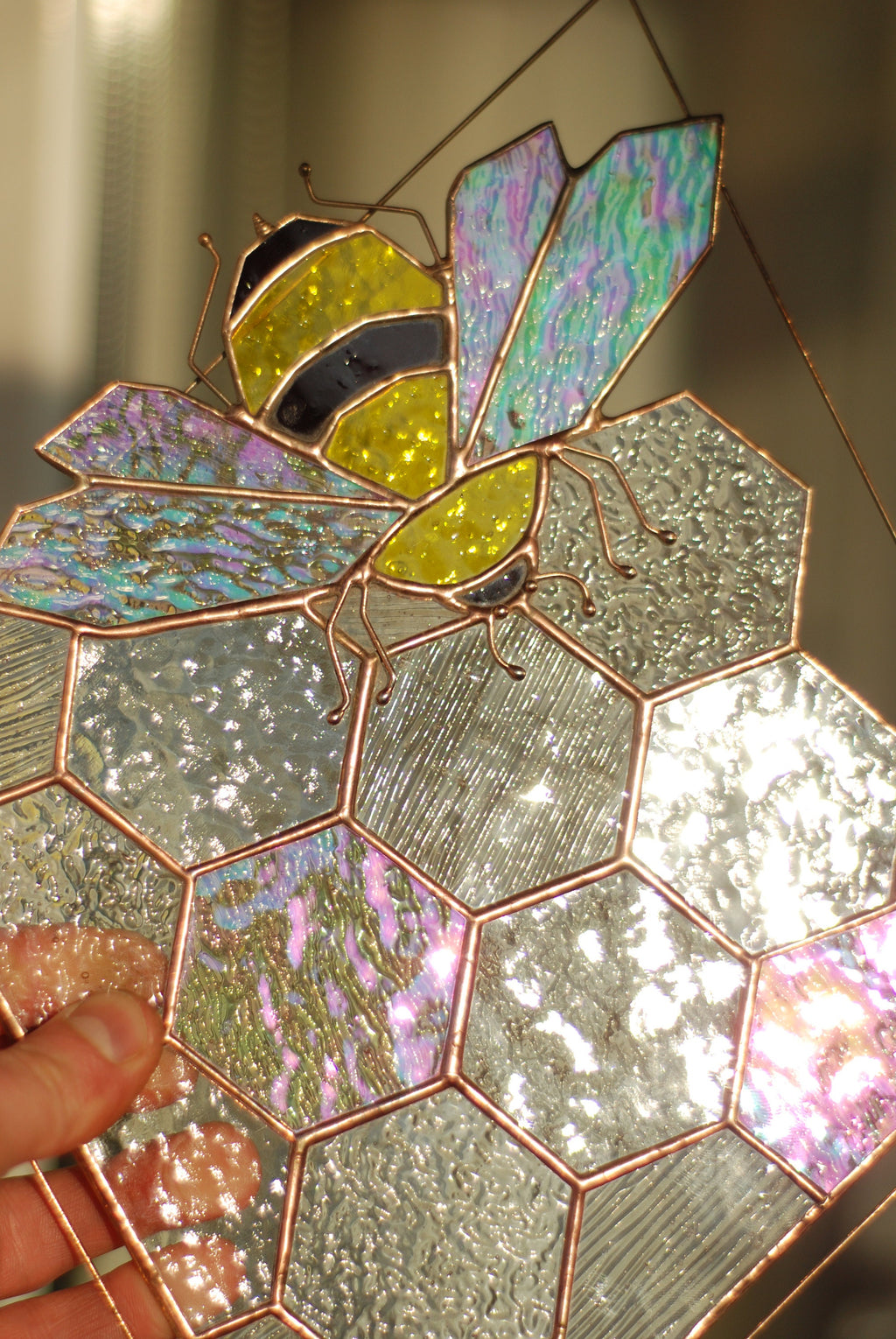 Stained Glass Bee Honeycomb Suncatcher 11x13 in. Home House Decor Panel Spring Window Wall Hanging Corner, Motherʼs Day Gift, Glass art