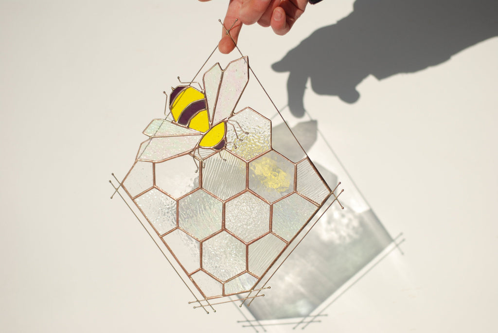 Stained Glass Bee Honeycomb Suncatcher 11x13 in. Home House Decor Panel Spring Window Wall Hanging Corner, Motherʼs Day Gift, Glass art