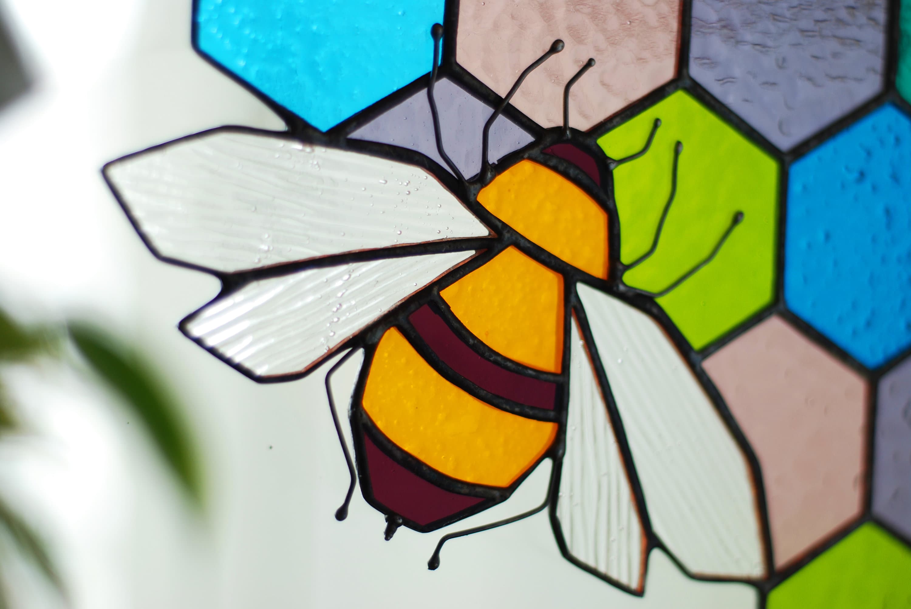 Stained Glass Bee Suncatcher: Handmade Honeycomb Window Art