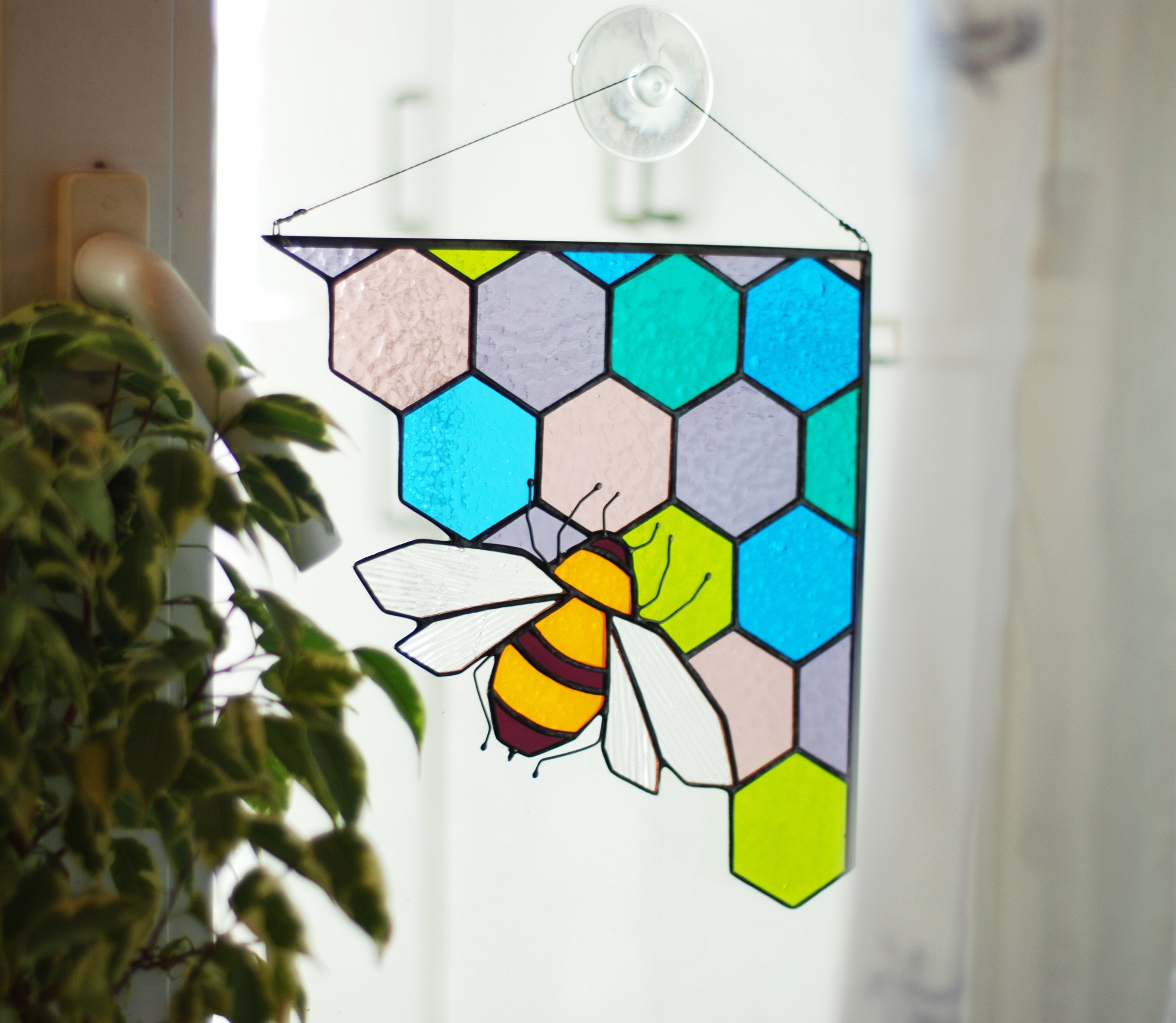 Stained Glass Bee Suncatcher: Handmade Honeycomb Window Art