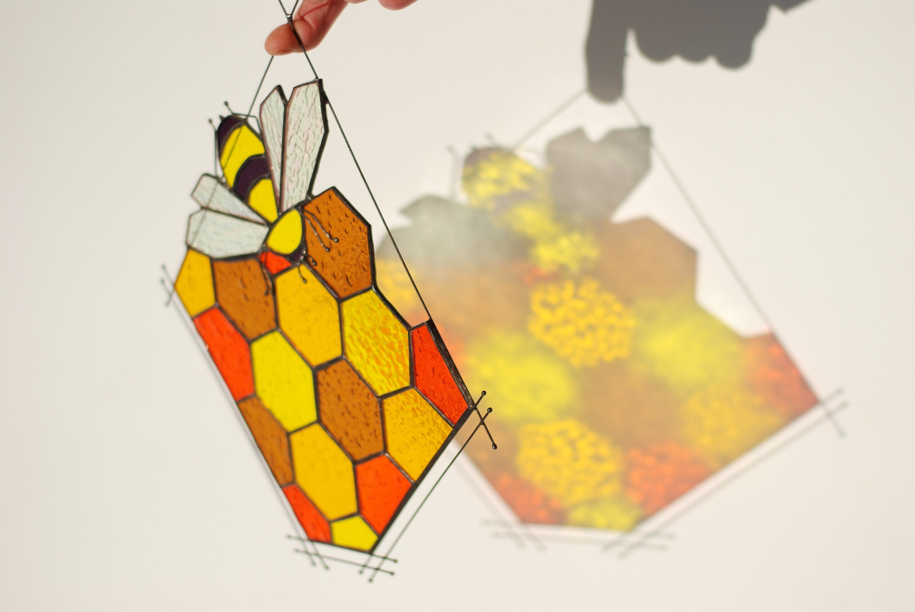 Stained Glass Bee Honeycomb Yellow Suncatcher 11x13 in. Home House Decor Panel Spring Window Wall Hanging Corner Easter Gift for Mom