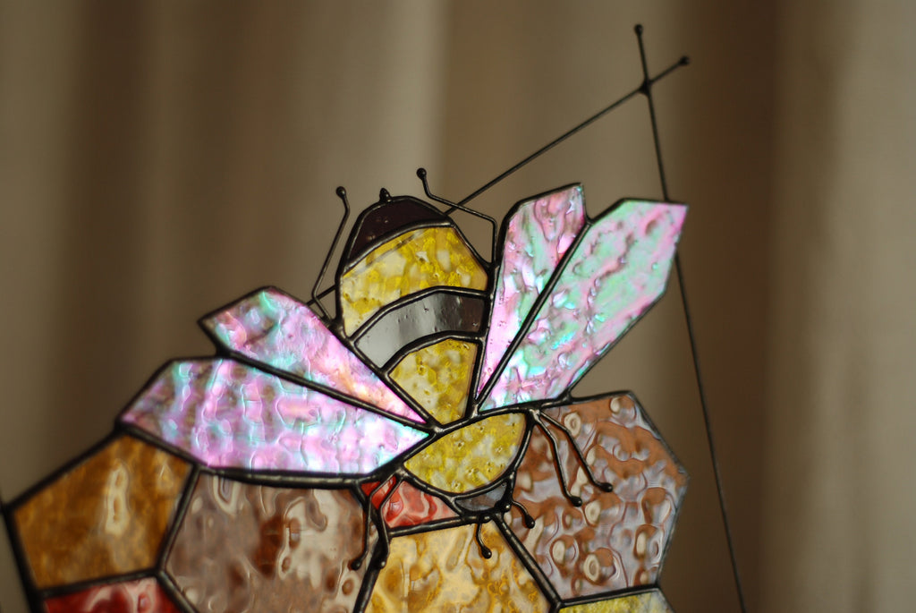 Stained Glass Bee Honeycomb Yellow Suncatcher 11x13 in. Home House Decor Panel Spring Window Wall Hanging Corner Easter Gift for Mom