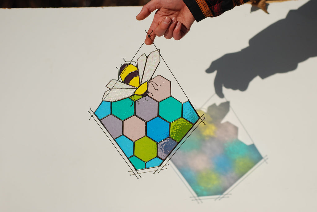 Stained Glass Bee Honeycomb Suncatcher 11x13 in. Home House Decor Panel Spring Window Wall Hanging Corner, Personalized Gift for Mom