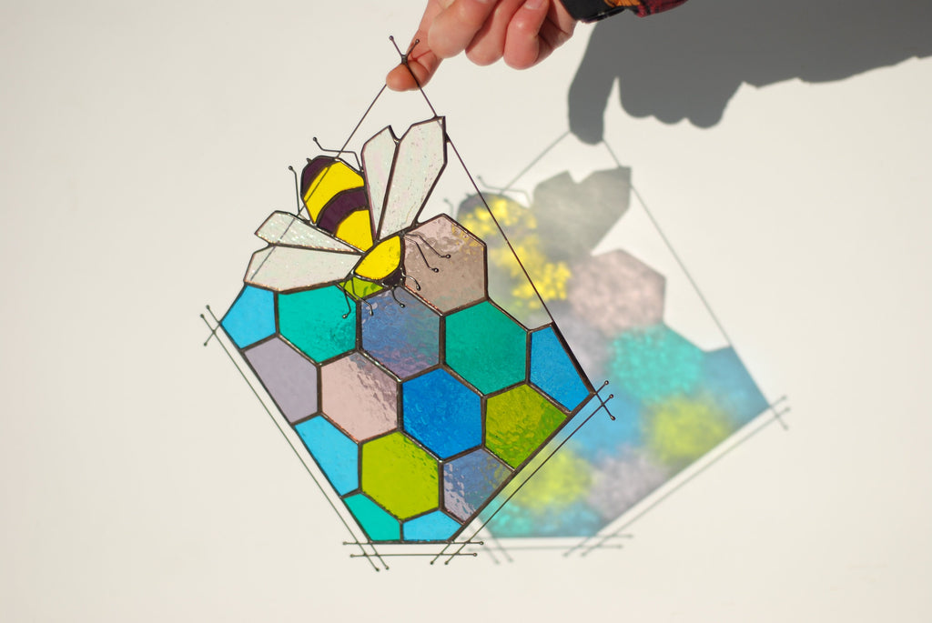 Stained Glass Bee Honeycomb Suncatcher 11x13 in. Home House Decor Panel Spring Window Wall Hanging Corner, Personalized Gift for Mom