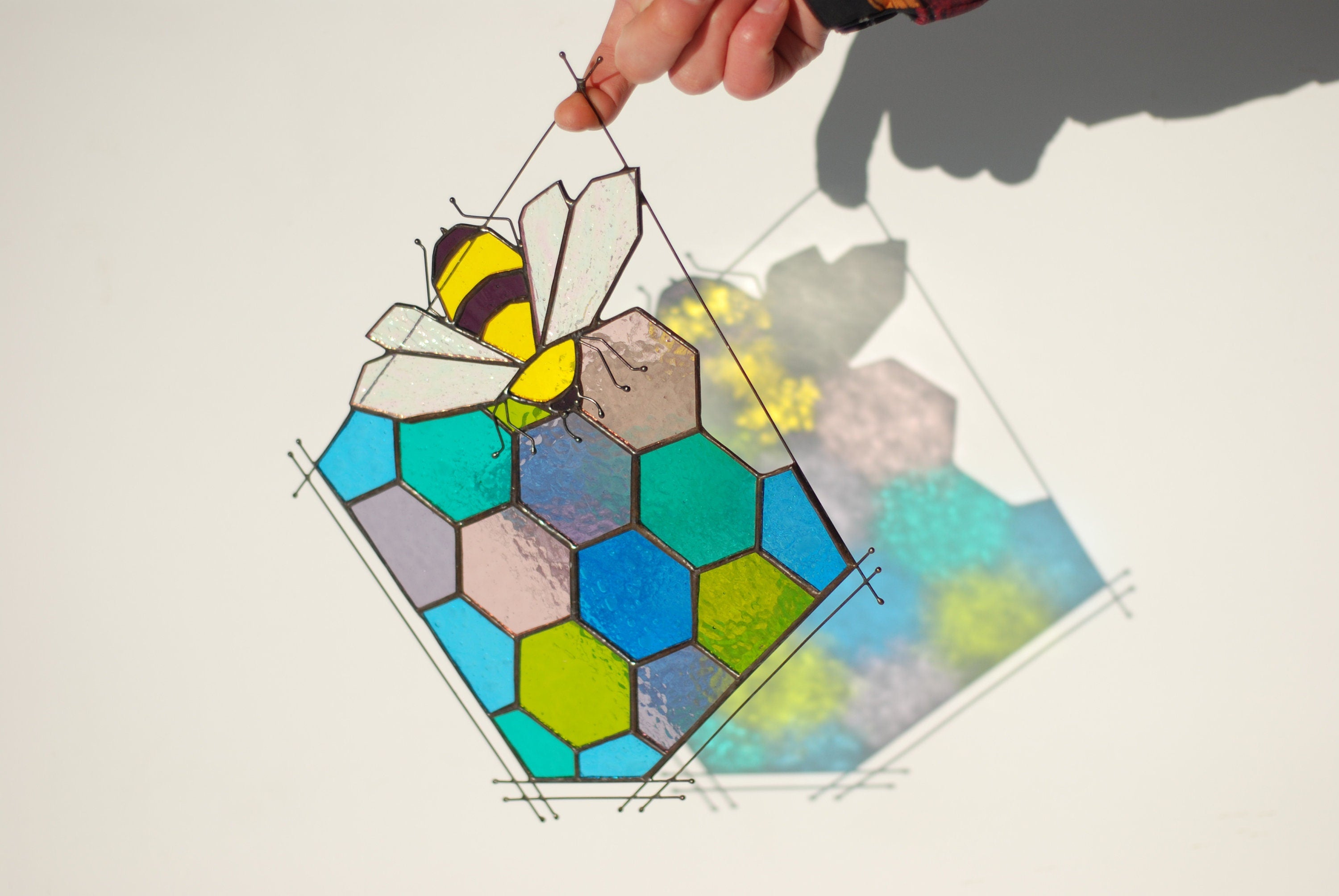 Stained Glass Bee Honeycomb Suncatcher 11x13 in. Home House Decor Panel Spring Window Wall Hanging Corner, Personalized Gift for Mom
