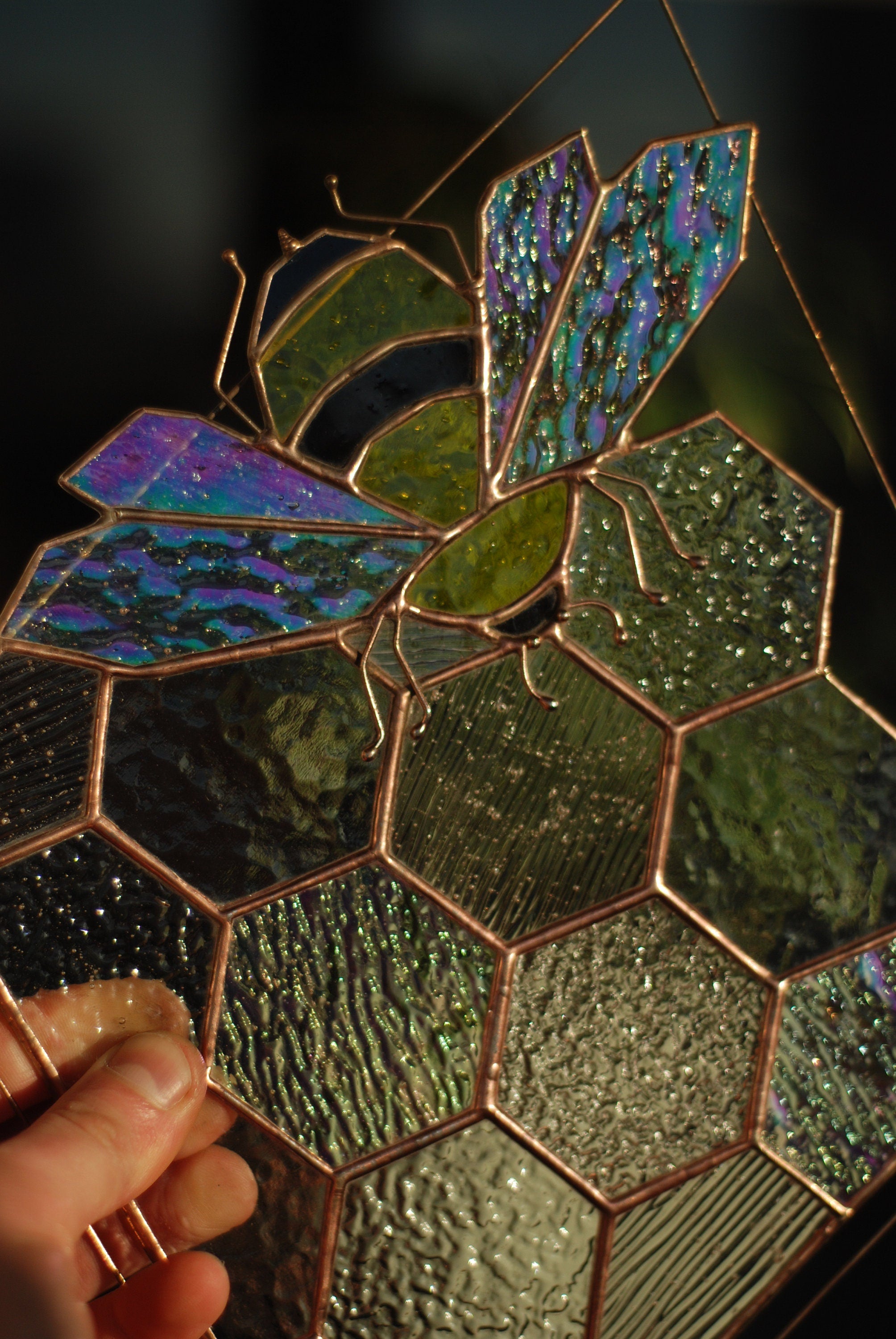 Stained Glass Bee Honeycomb Suncatcher 11x13 in. Home House Decor Panel Spring Window Wall Hanging Corner, Motherʼs Day Gift, Glass art