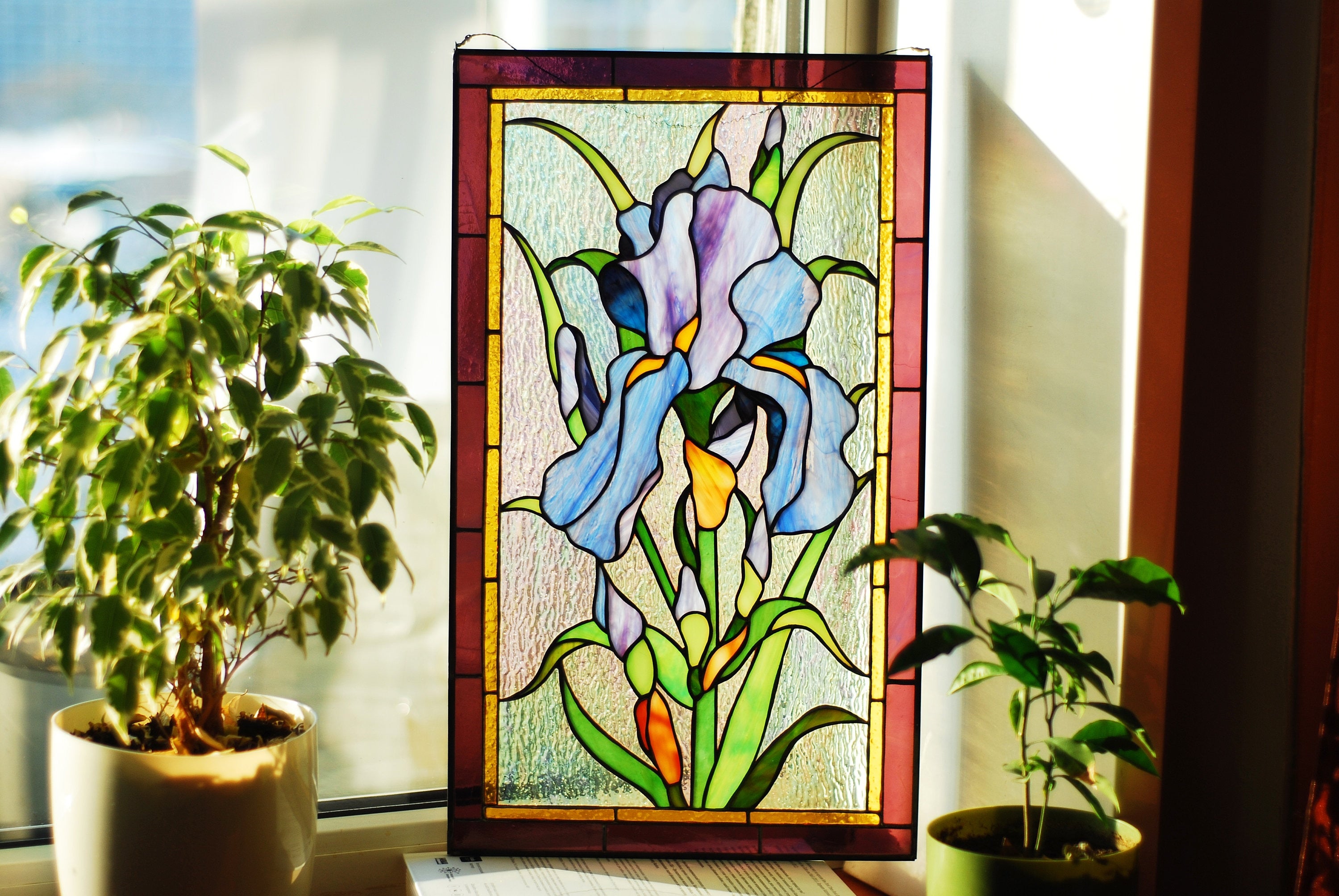 Stained glass window panel Purple Iris 11 × 18.5 in. Window Hangings Stained glass suncatcher Purple flower glass art, Mother’s Day gift