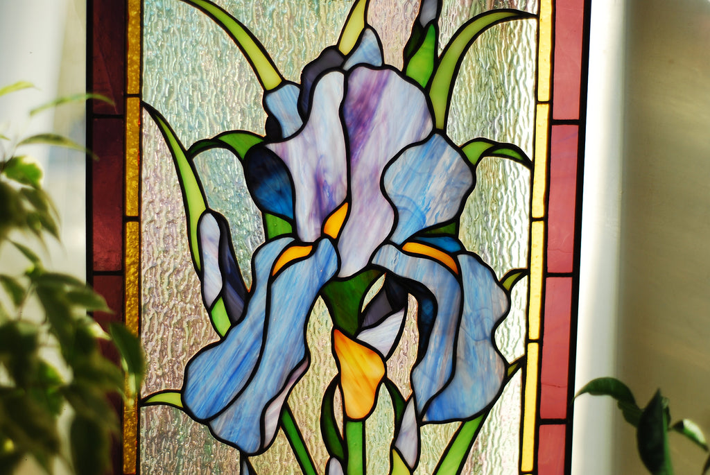 Stained glass window panel Purple Iris 11 × 18.5 in. Window Hangings Stained glass suncatcher Purple flower glass art, Mother’s Day gift