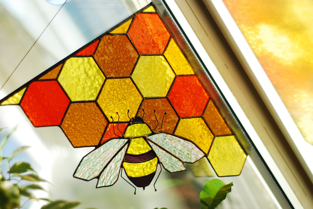 Stained Glass Bee Suncatcher: Honeycomb Corner Window Hanging Handmade Easter decor, Tiffany Glass Art
