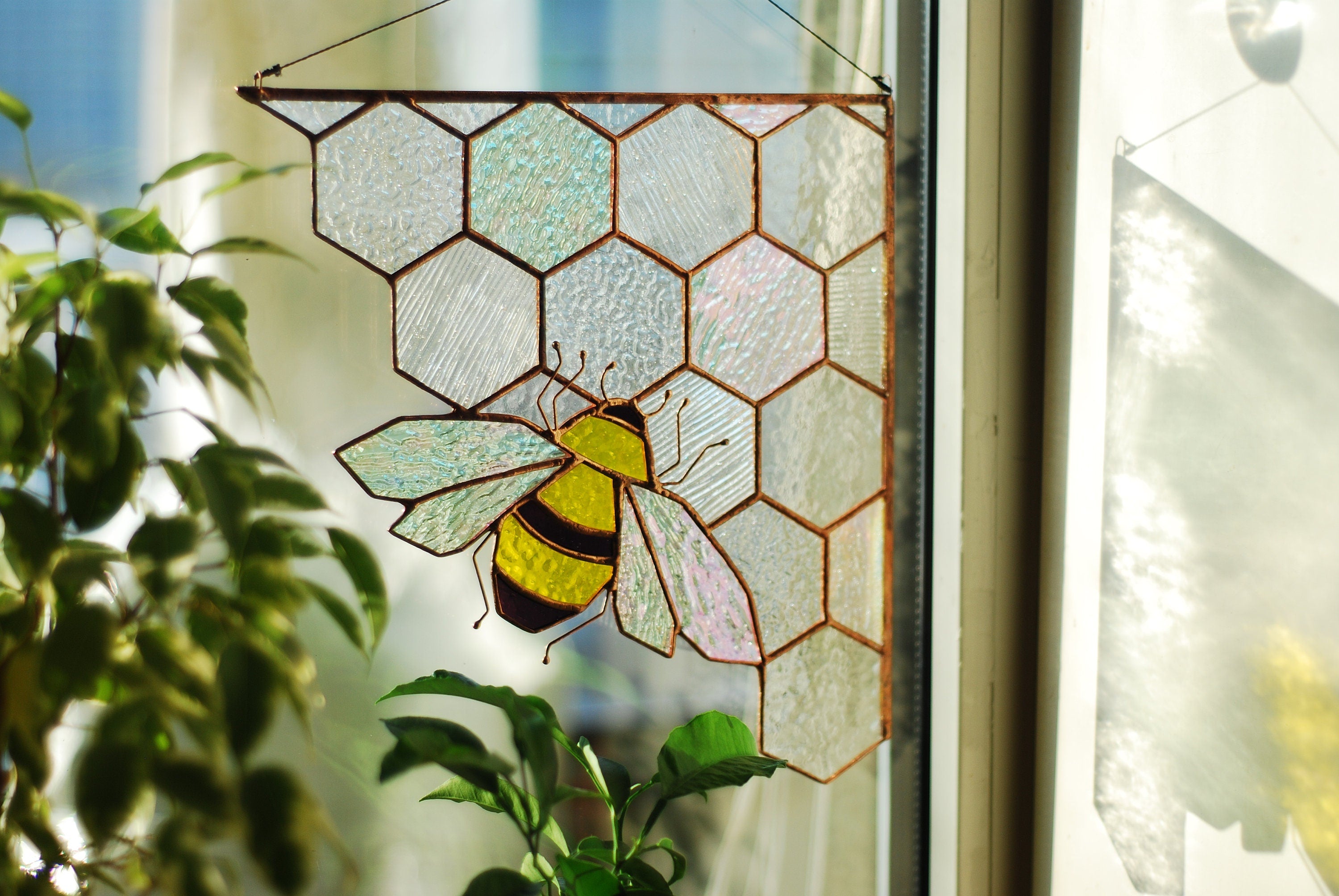 Stained Glass Bee Suncatcher, Honeycomb Window Hanging, Boho Home Decor