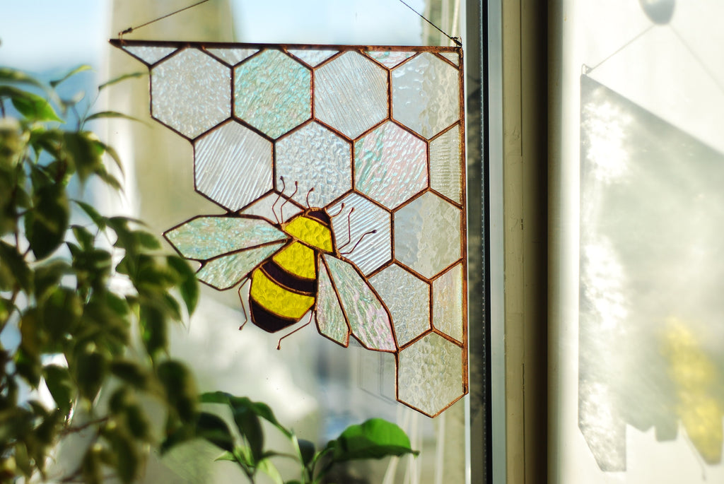 Stained Glass Bee Suncatcher, Honeycomb Window Hanging, Boho Home Decor