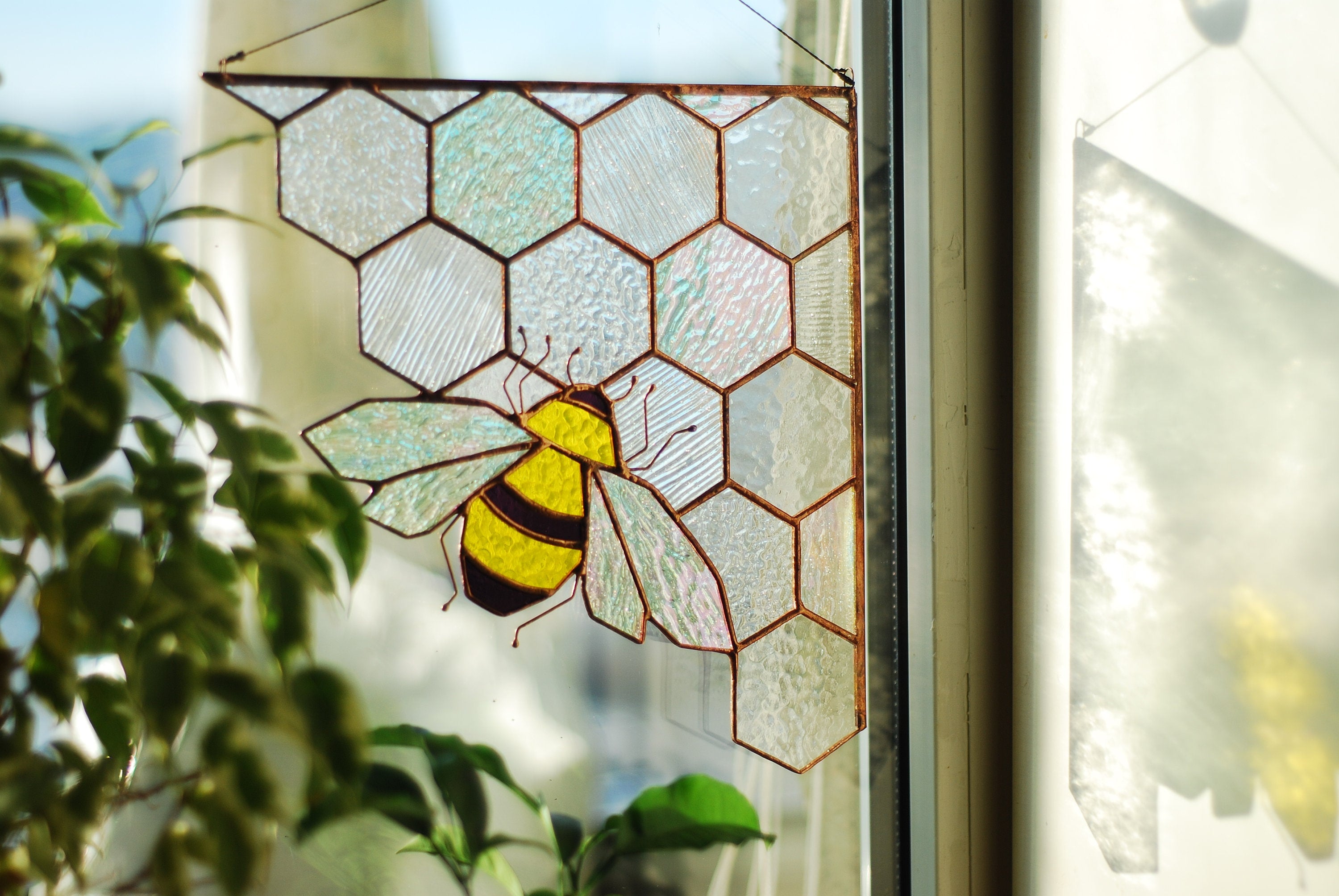 Stained Glass Bee Suncatcher, Honeycomb Window Hanging, Boho Home Decor