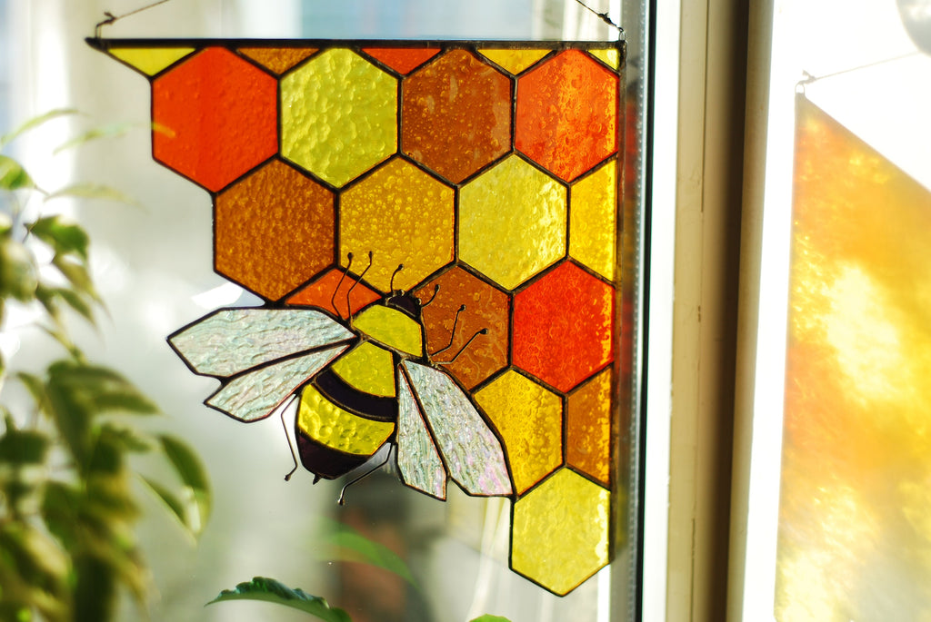 Stained Glass Bee Suncatcher: Honeycomb Corner Window Hanging Handmade Easter decor, Tiffany Glass Art