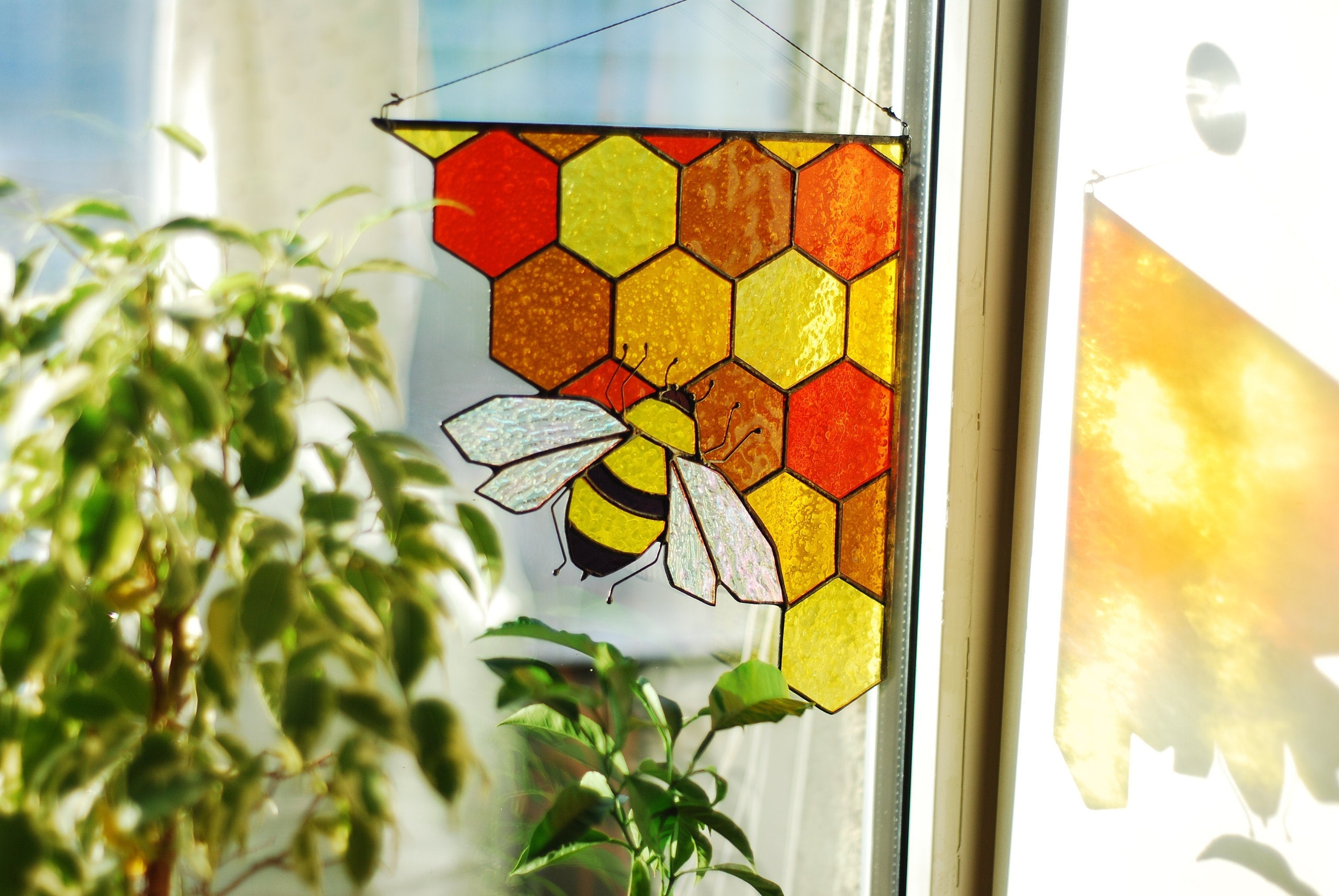 Stained Glass Bee Suncatcher: Honeycomb Corner Window Hanging Handmade Easter decor, Tiffany Glass Art