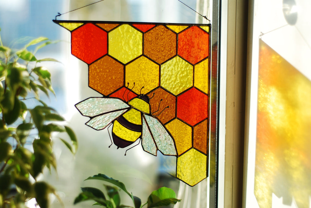 Stained Glass Bee Suncatcher: Honeycomb Corner Window Hanging Handmade Easter decor, Tiffany Glass Art