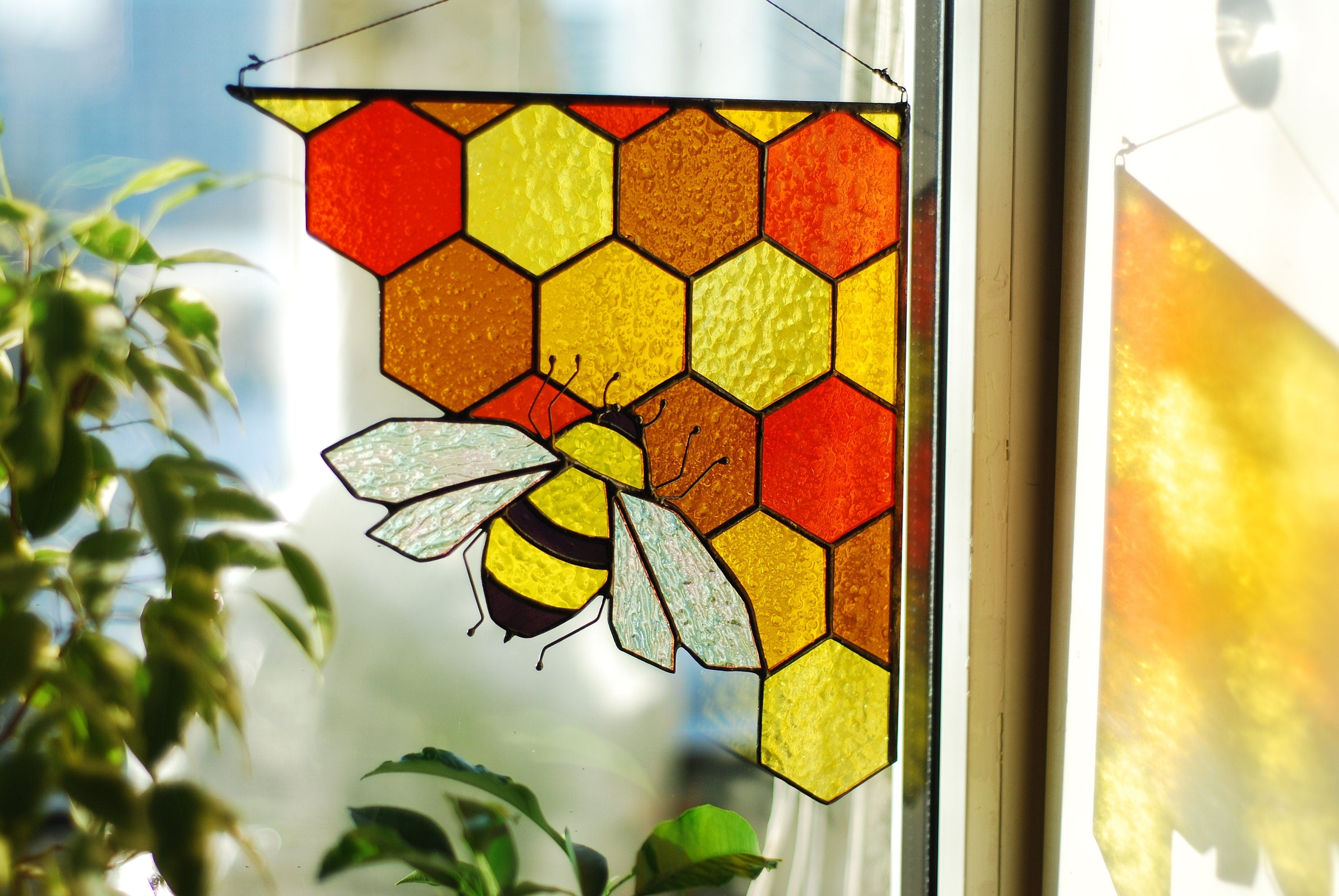 Stained Glass Bee Suncatcher: Honeycomb Corner Window Hanging Handmade Easter decor, Tiffany Glass Art