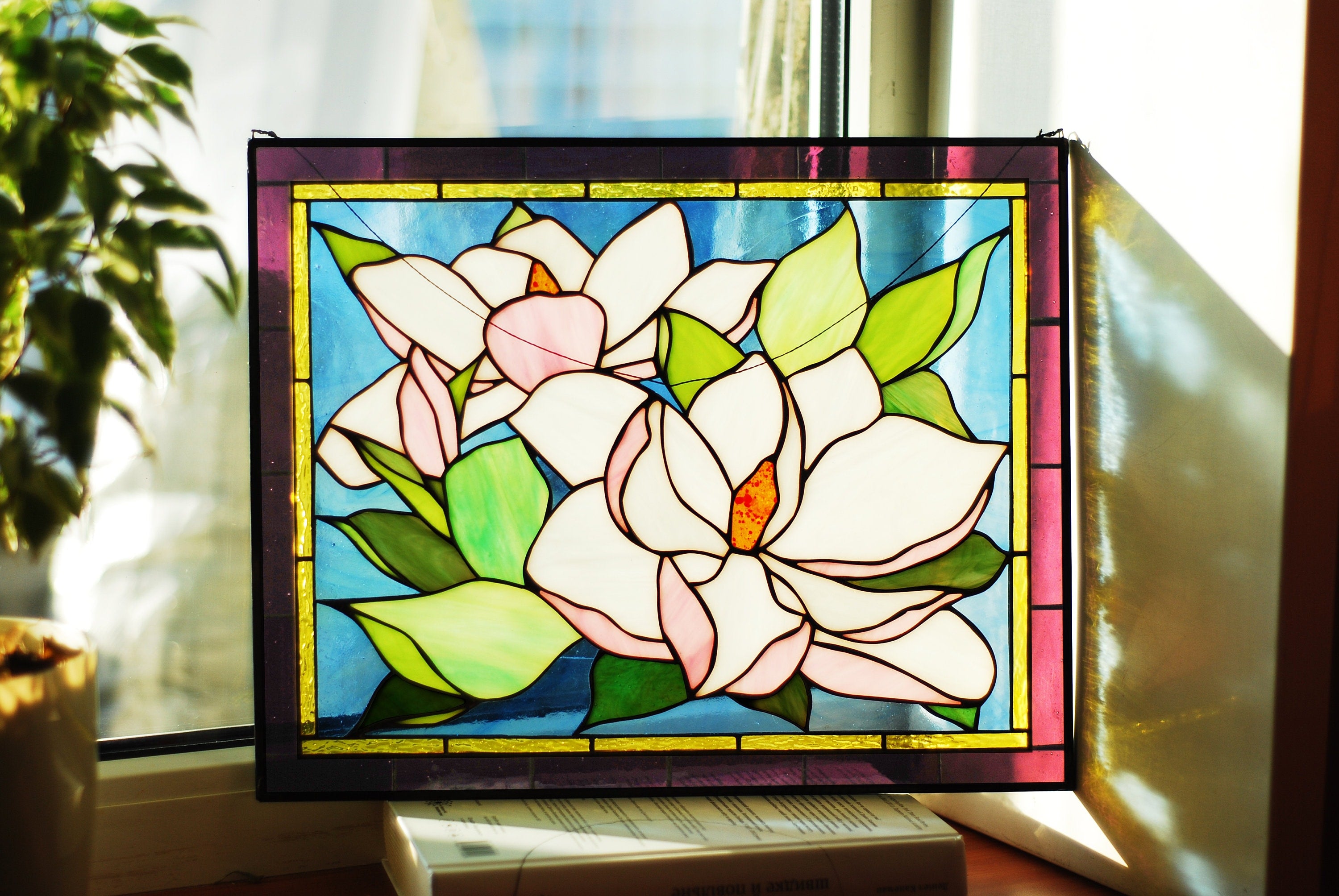Stained glass window panel magnolia flower 12.5 × 15.5 inches window hanging Stained glass suncatcher Tiffany glass art Mother’s Day gift