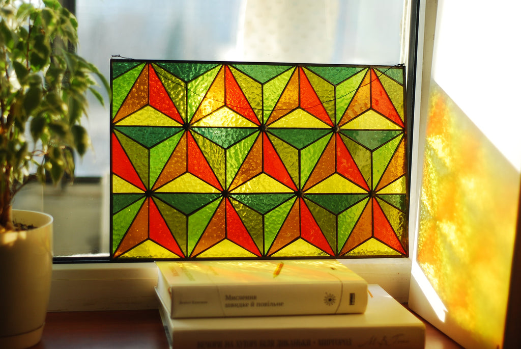 Geometric stained glass panel 16 × 10.3 in. Tiffany Window Hangings, Home House Decor, Handmade Sun Catcher, Easter Gift for Mom