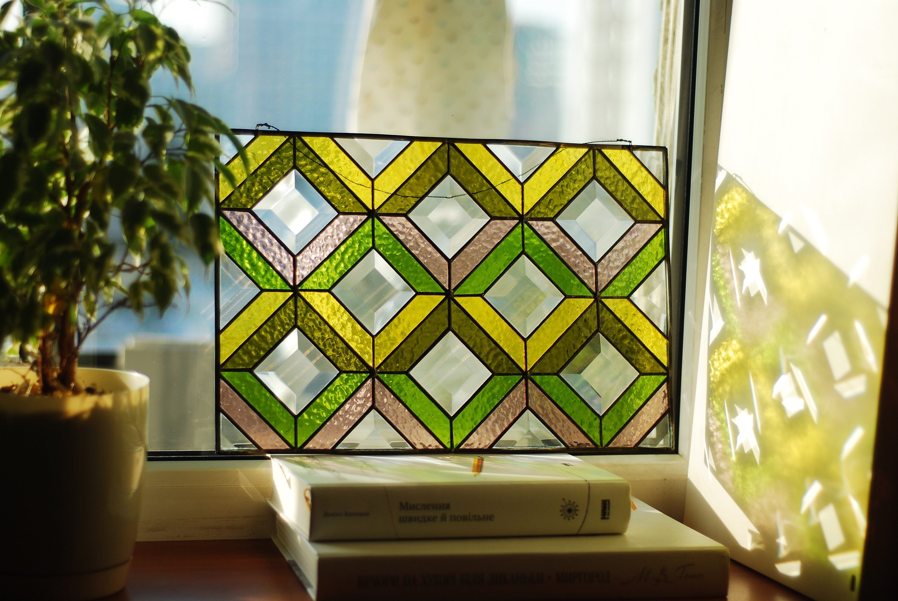 Geometric Stained Glass Panel 15 x 10 inches – Modern Abstract Suncatcher, Tiffany Glass Art, Window Hangings, Handmade Mother’s Day gift