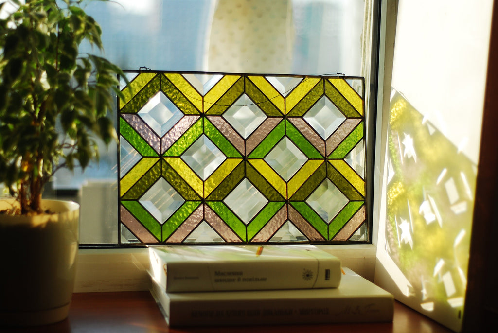 Geometric Stained Glass Panel 15 x 10 inches – Modern Abstract Suncatcher, Tiffany Glass Art, Window Hangings, Handmade Mother’s Day gift