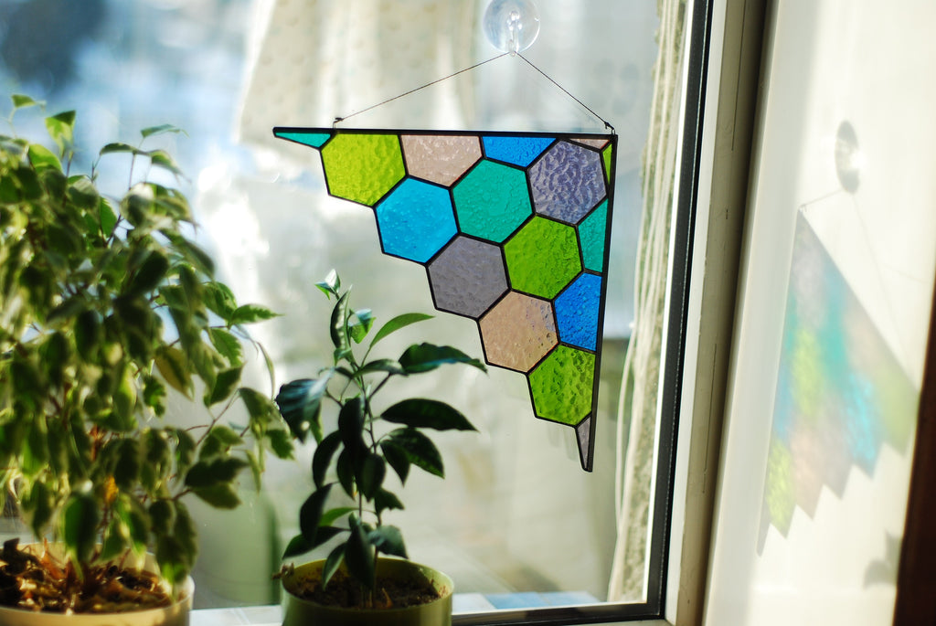Stained Glass Hexagon Window Hanging – Geometric Corner Decor, Handmade