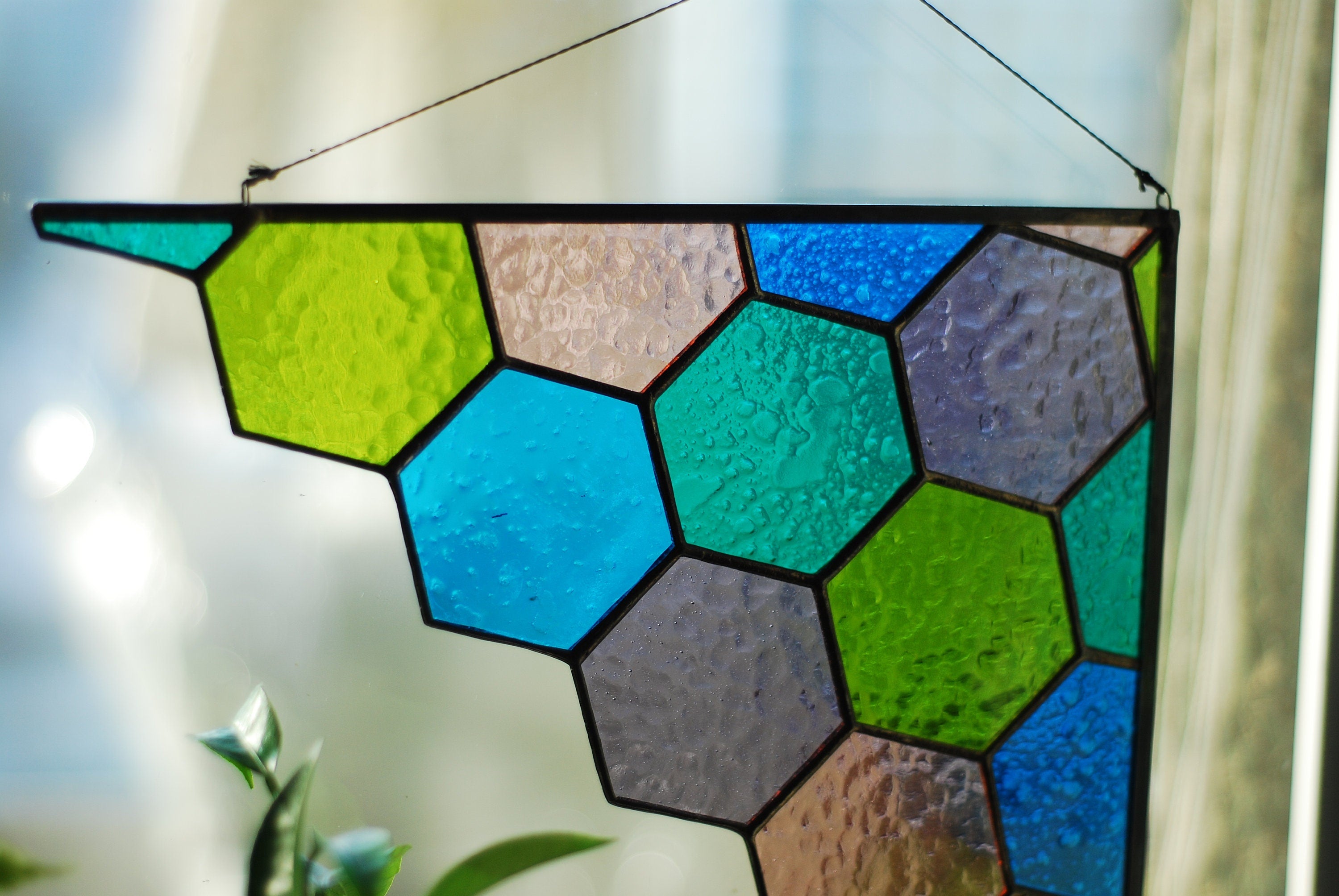 Stained Glass Hexagon Window Hanging – Geometric Corner Decor, Handmade