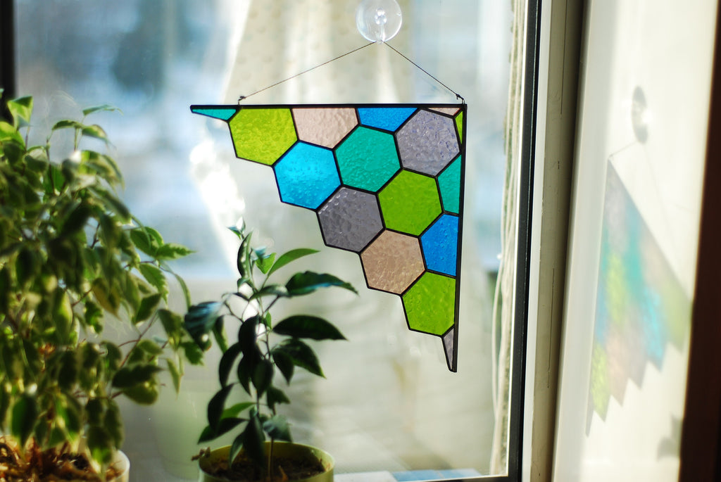 Stained Glass Hexagon Window Hanging – Geometric Corner Decor, Handmade