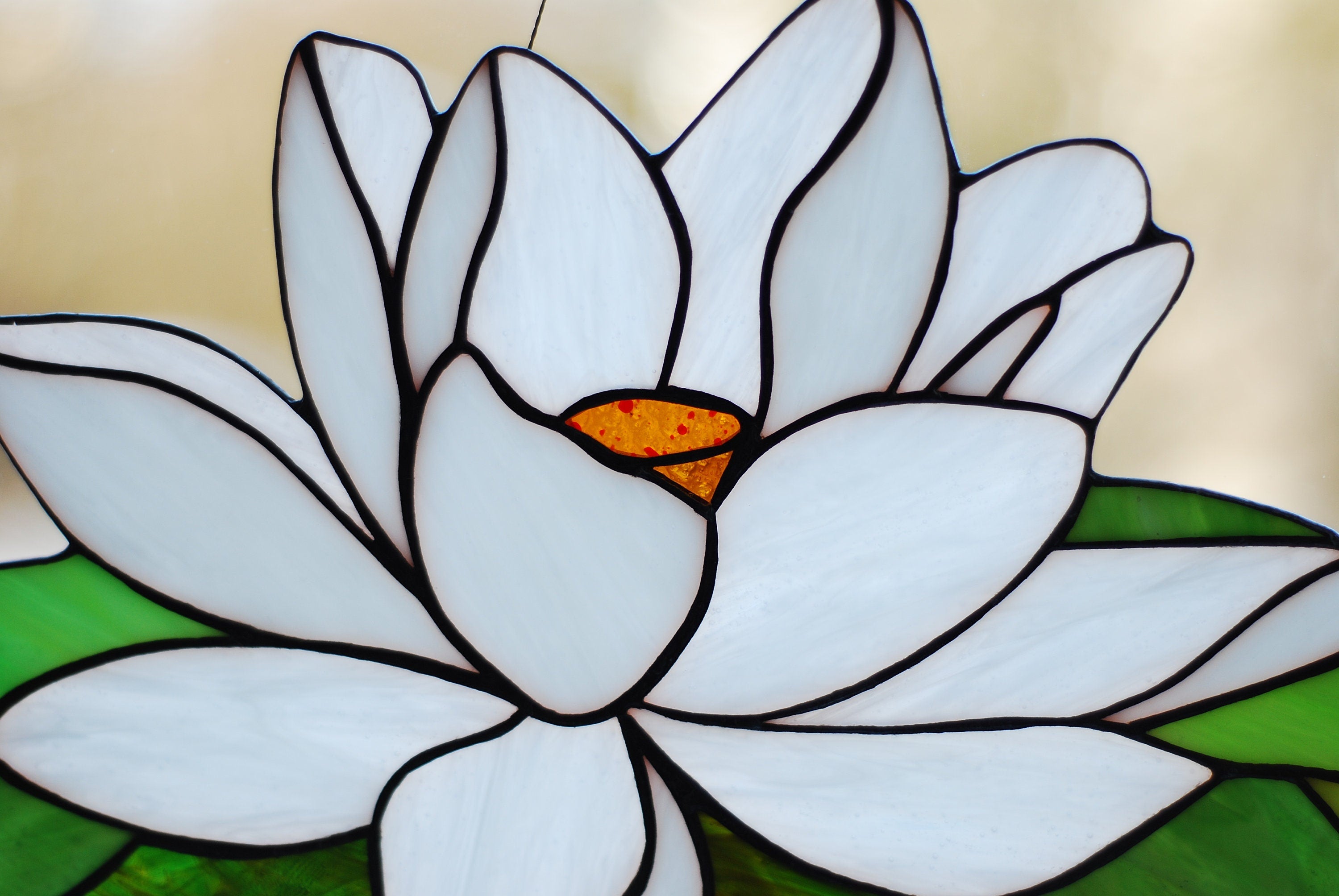Stained Glass Water Lily Suncatcher 14x7 Inch, Handmade White Lotus Window Hanging, Floral Wall Art, Tiffany Technique, Mothers Day Gift