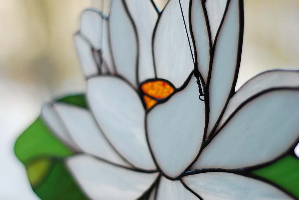 Stained Glass Water Lily Suncatcher 14x7 Inch, Handmade White Lotus Window Hanging, Floral Wall Art, Tiffany Technique, Mothers Day Gift
