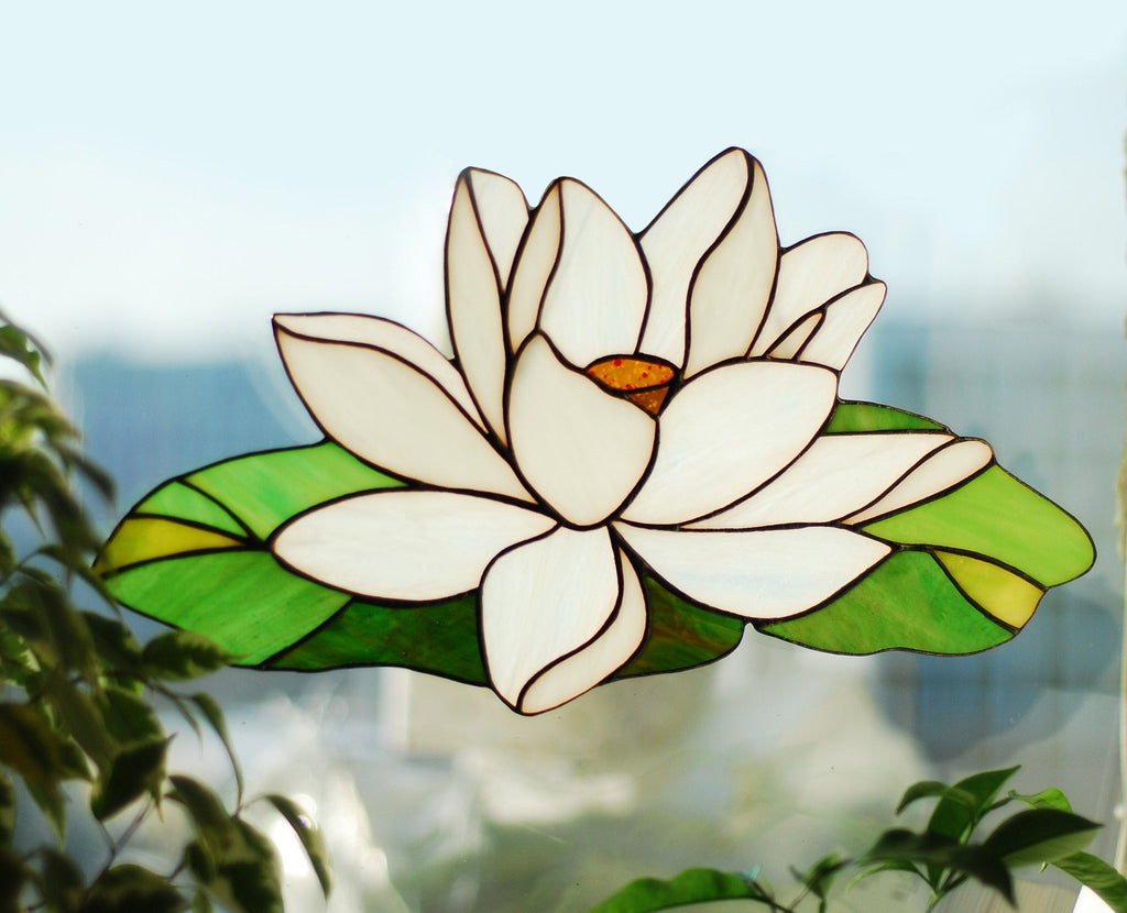 Stained Glass Water Lily Suncatcher 14x7 Inch, Handmade White Lotus Window Hanging, Floral Wall Art, Tiffany Technique, Mothers Day Gift