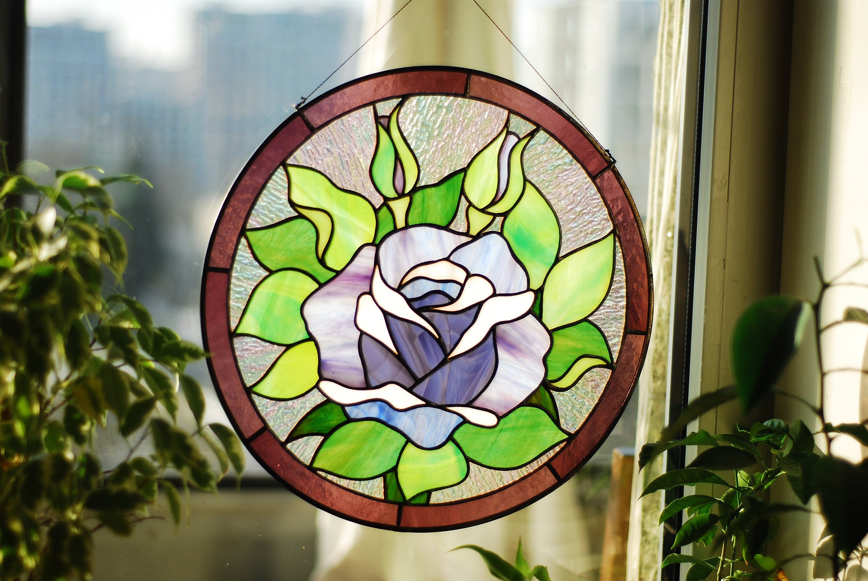 Round Stained Glass Panel Purple Roses, Window hangings Stained glass sun catcher Stained glass decor Mother’s Day gift