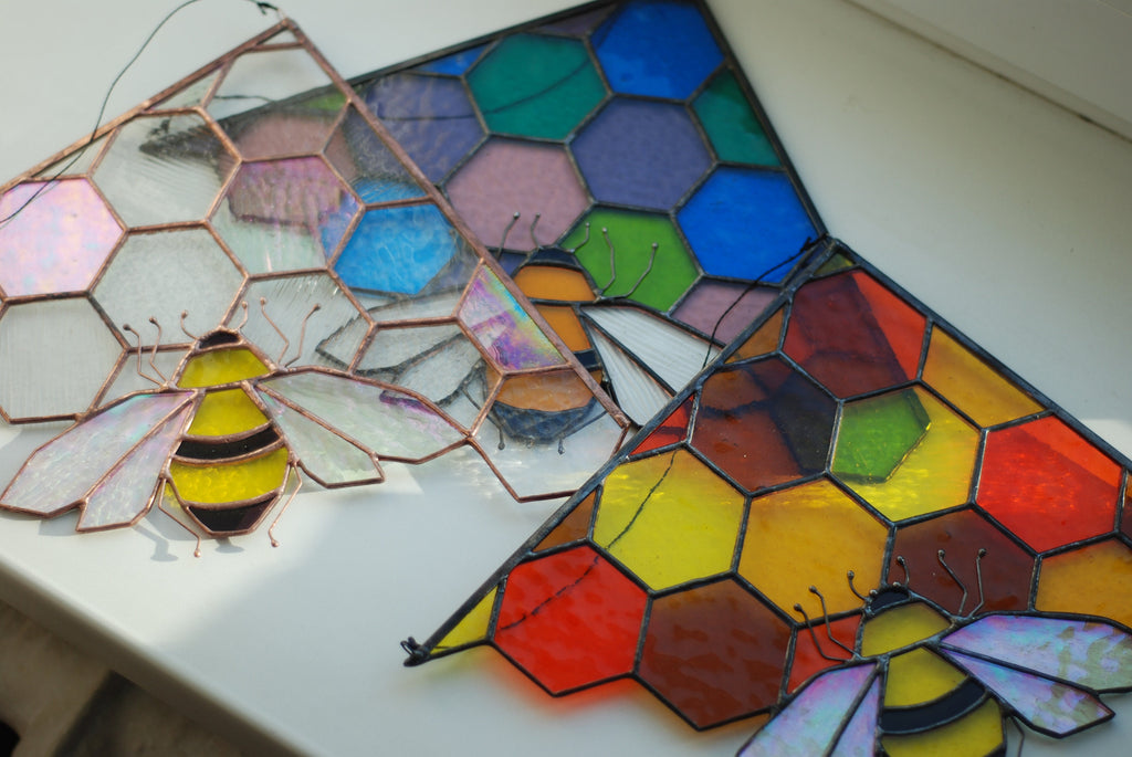 Stained Glass Bee Suncatcher: Handmade Honeycomb Window Art