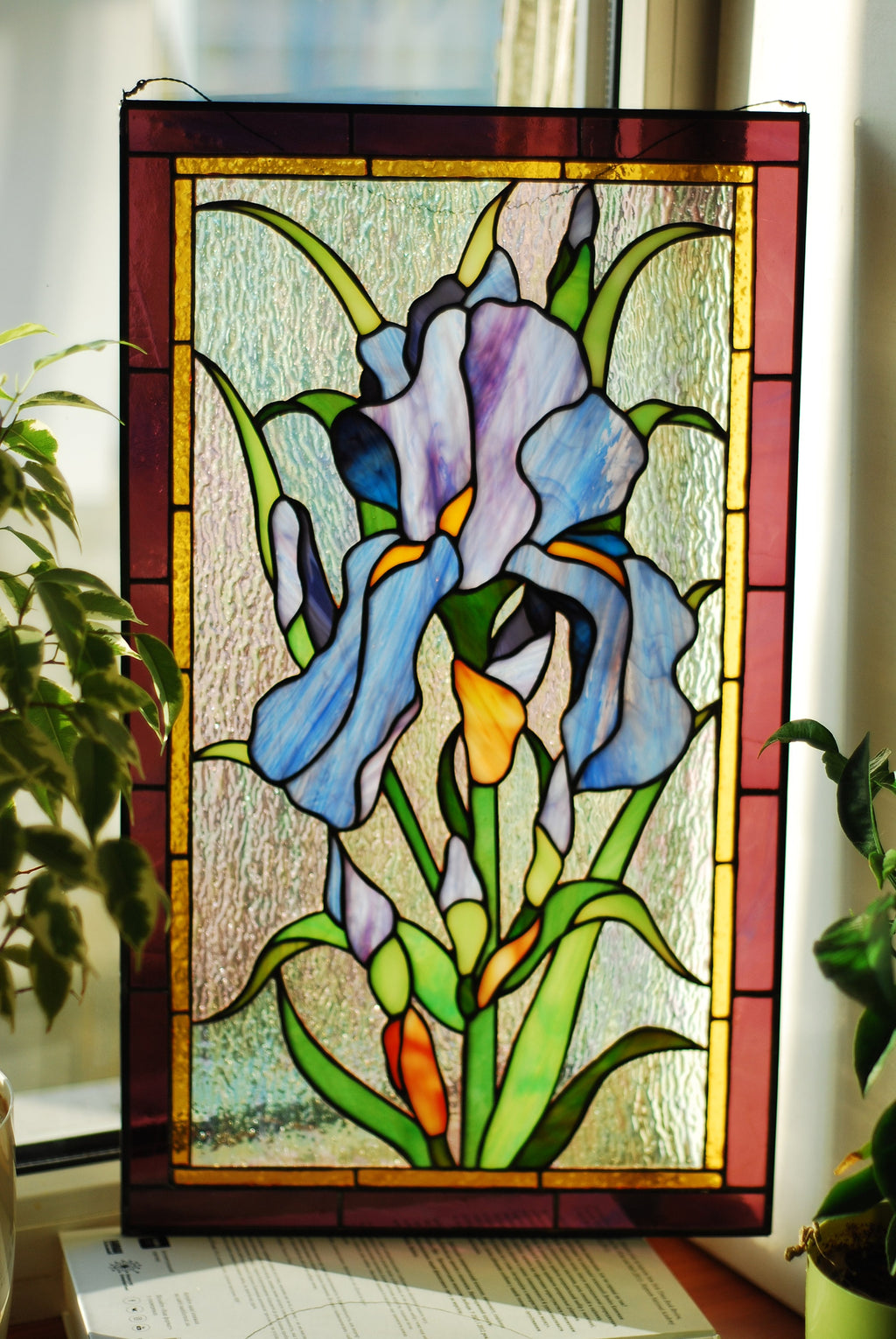 Stained glass window panel Purple Iris 11 × 18.5 in. Window Hangings Stained glass suncatcher Purple flower glass art, Mother’s Day gift