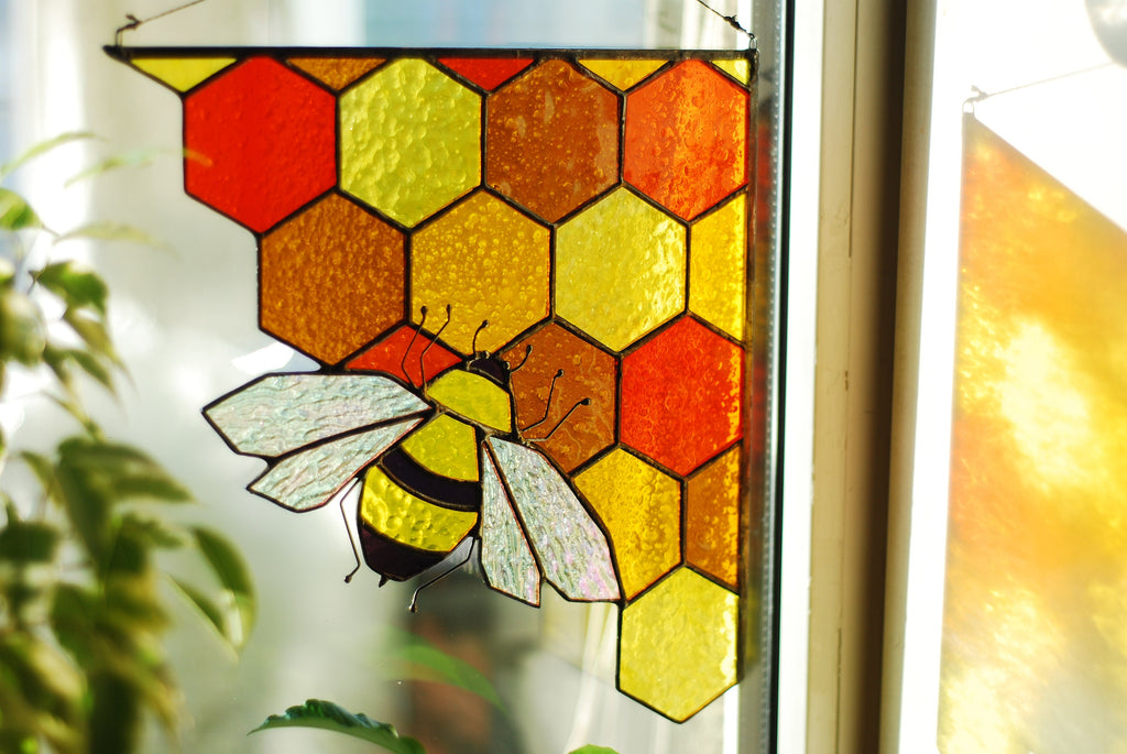 Stained Glass Bee Suncatcher: Honeycomb Corner Window Hanging Handmade Easter decor, Tiffany Glass Art