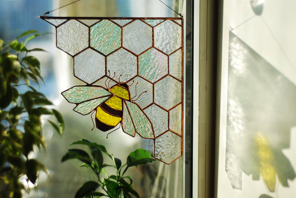 Stained Glass Bee Suncatcher, Honeycomb Window Hanging, Boho Home Decor