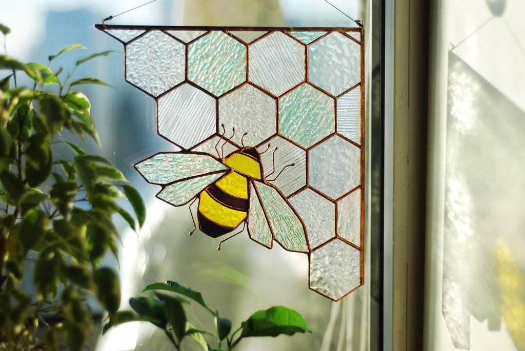 Stained Glass Bee Suncatcher, Honeycomb Window Hanging, Boho Home Decor