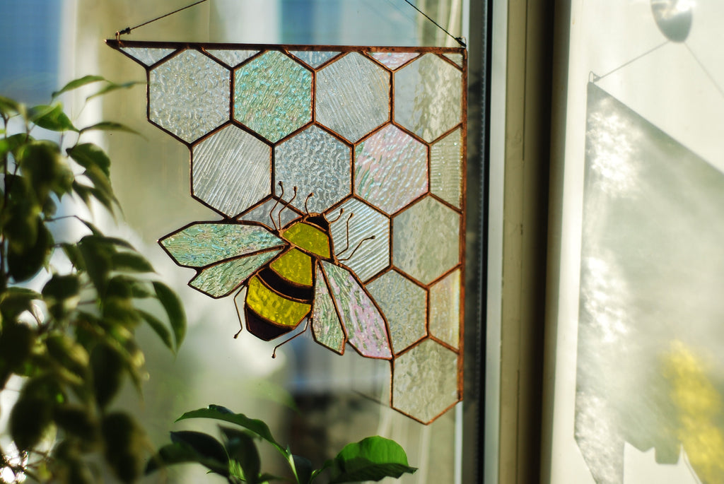 Stained Glass Bee Suncatcher, Honeycomb Window Hanging, Boho Home Decor