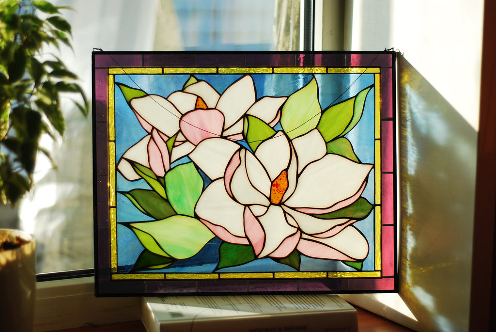 Stained glass window panel magnolia flower 12.5 × 15.5 inches window hanging Stained glass suncatcher Tiffany glass art Mother’s Day gift