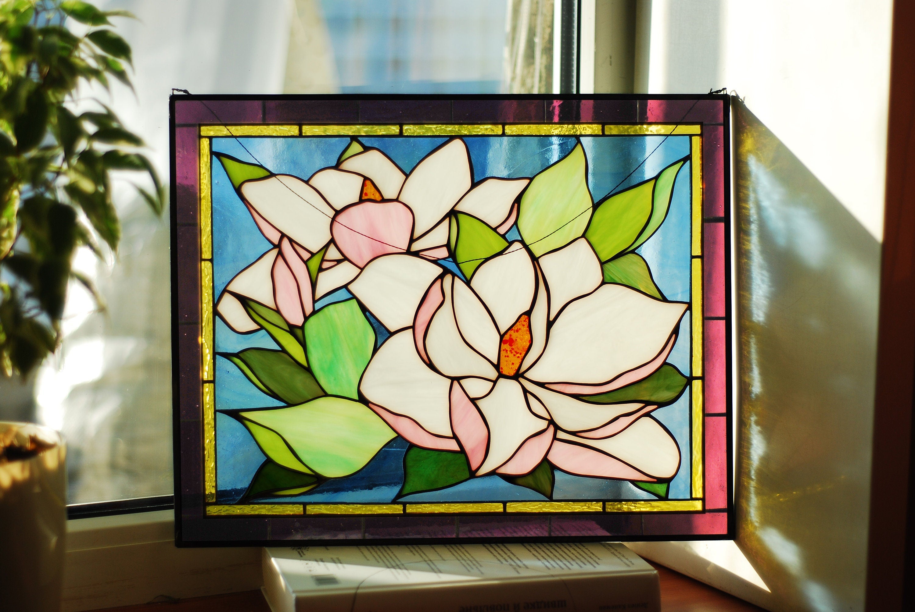Stained glass window panel magnolia flower 12.5 × 15.5 inches window hanging Stained glass suncatcher Tiffany glass art Mother’s Day gift